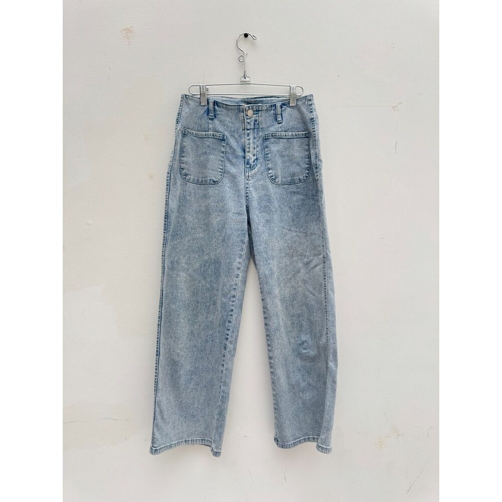 Womens M Acid Wash Denim Utility Pants High Rise Cropped Wide Leg Patch Pocket